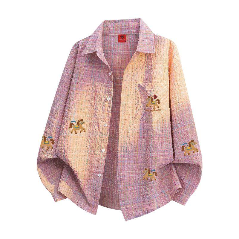 查尔斯桃心格纹小马印花长袖衬衫男女春秋季翻领潮牌情侣衬衫外套,男装,衬衫,淘宝优惠券,粉丝福利购,淘宝优惠卷