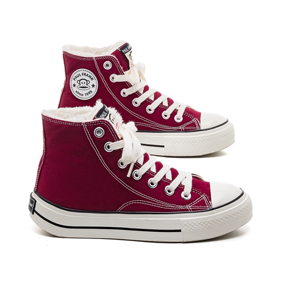大嘴猴酒红色高帮加绒厚底帆布鞋