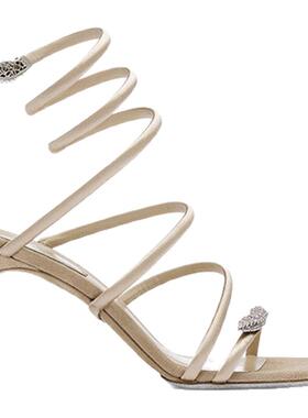 【折扣倒计时】RENE CAOVILLA SERPENTE系列水钻米色女士高跟凉鞋