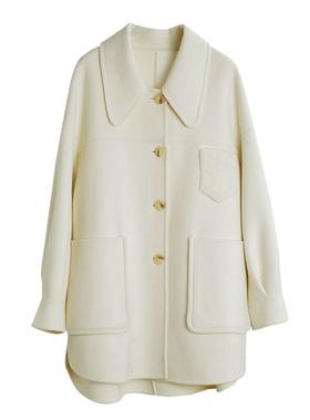 【100%绵羊毛】ELLE白色中长款毛呢外套女2025冬装新款双面呢大衣