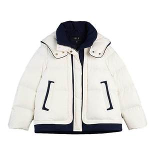 ELLE90白鸭绒撞色拼接连帽羽绒服女2025冬新款设计感保暖短款外套