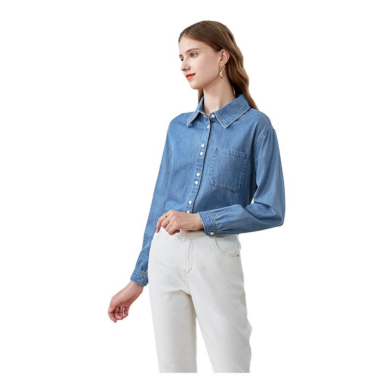 长袖牛仔衬衫betu翻领洋气宽松