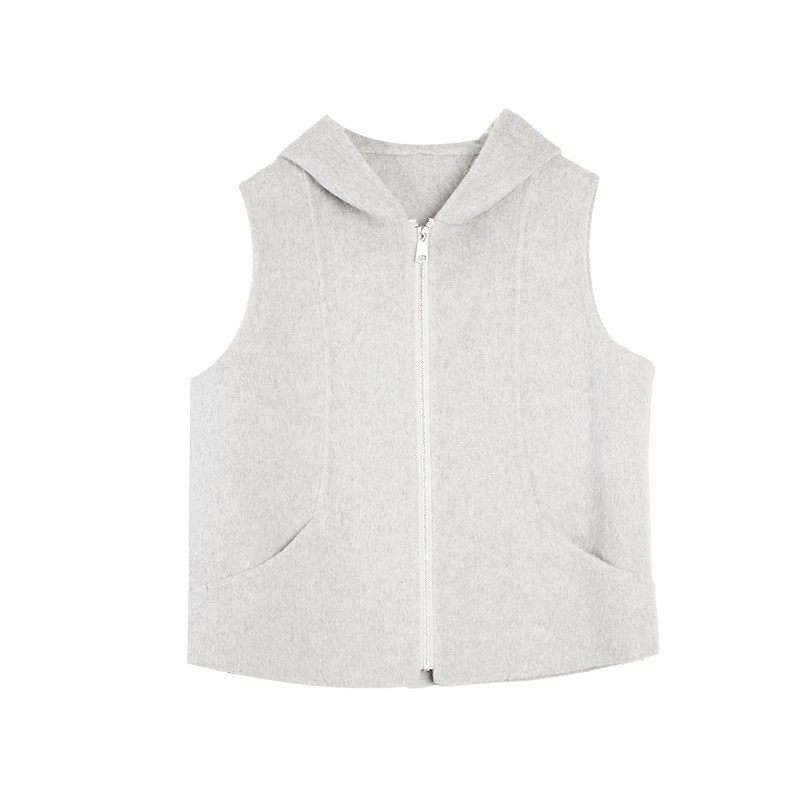 【自在廓形】ELLE绵羊毛连帽马甲双面呢大衣女2025冬新款毛呢