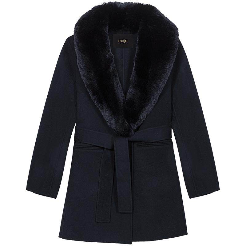 Maje2025秋冬女装法式气质羊毛混纺黑色系带短款收腰毛呢大衣外套,女装/女士精品,毛呢外套,淘宝优惠券,粉丝福利购,淘宝优惠卷