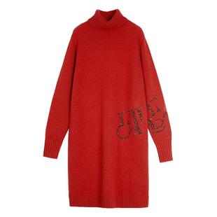 气质裙子 ELLE红色优雅高领珠片绣毛衣裙女2025秋新款 新年系列