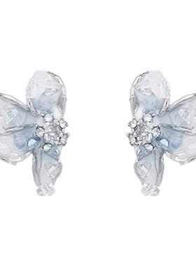蓝色渐变花朵软垫耳夹女轻奢气质时尚无耳洞耳环轻奢精致百搭耳饰