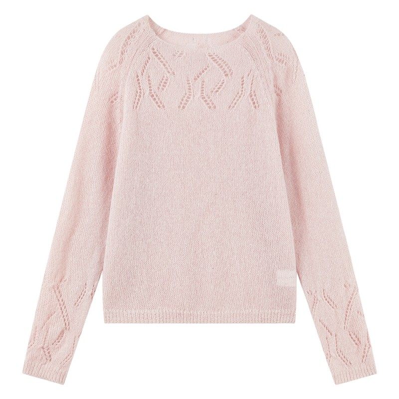 秋水伊人套头镂空针织衫女2026春季新款长袖打底针织上衣圆领毛衣