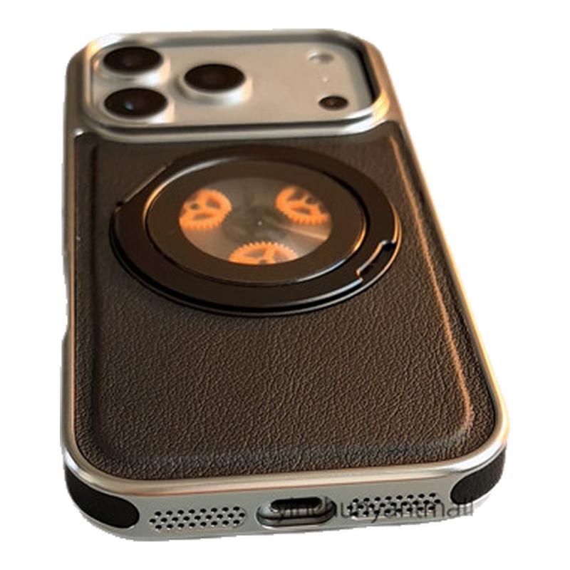 黑色皮纹齿轮支架适用苹果17手机壳16Pro半软15pro简约磨砂高级感iPhone15防摔14新款17pro全包16promax男女