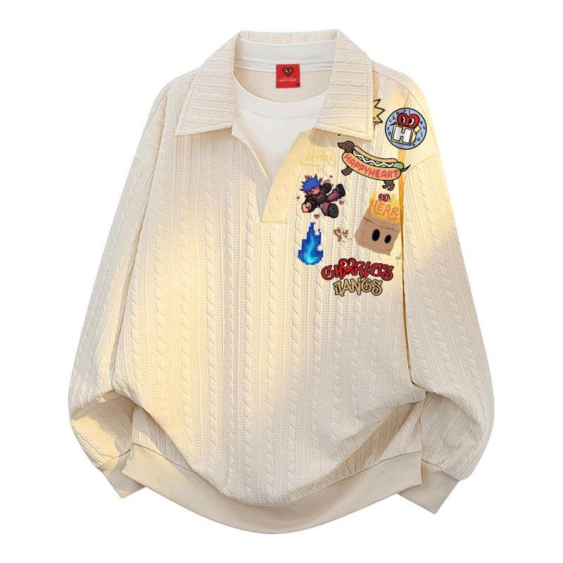 查尔斯桃心美式印花假两件Polo领套头卫衣男女秋冬季休闲长袖上衣