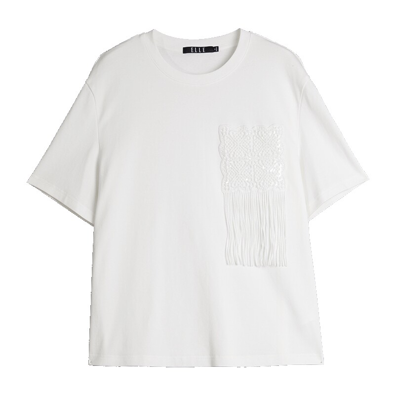ELLE珠片镂空流苏绣花设计感纯棉T恤女2025夏季新款时髦小众