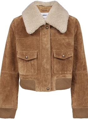 ONLY2025冬季新款「琥珀流光风」复古短款羊毛领设计皮衣外套女