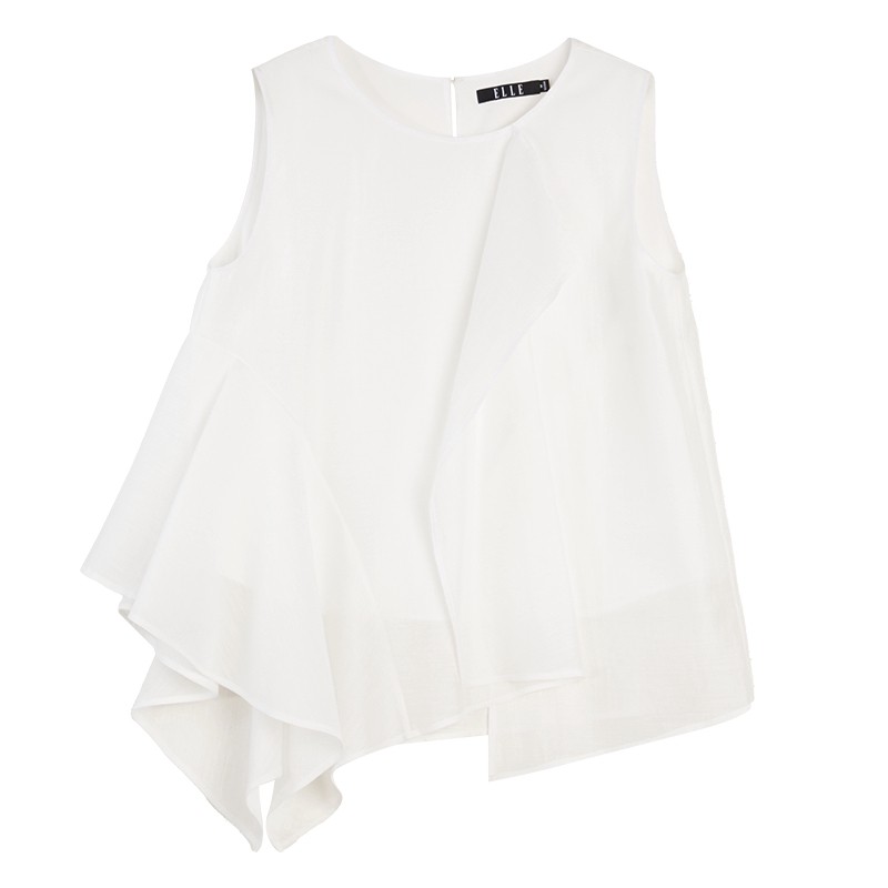 【纯白秩序】ELLE荷叶边醋酸无袖小衫女2025夏新款天丝雪纺白衬衫