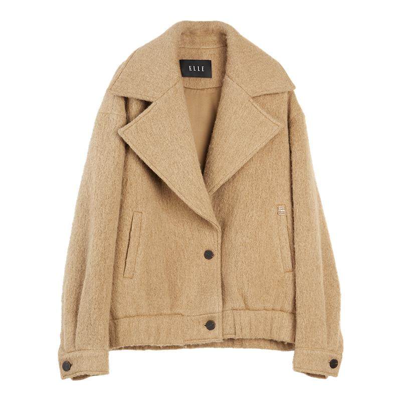 ELLE羊驼毛绵羊毛大翻领双面呢大衣女2025冬新款休闲通勤毛呢