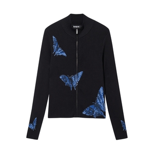 Desigual25秋冬新品 彈力開襟女式 針織衫 蝴蝶印花修身