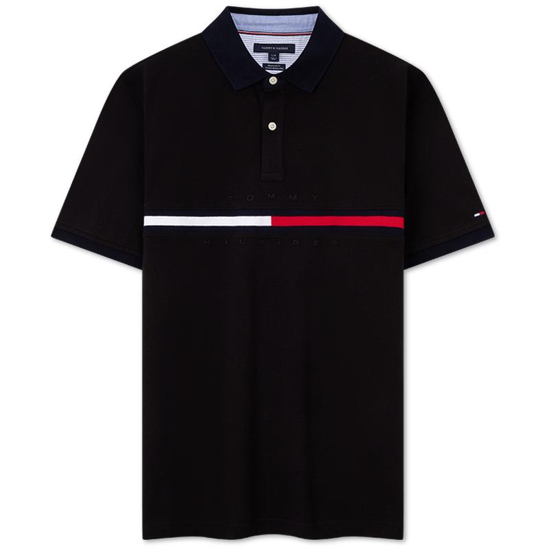 Tommy男装纯棉拼色织带POLO衫