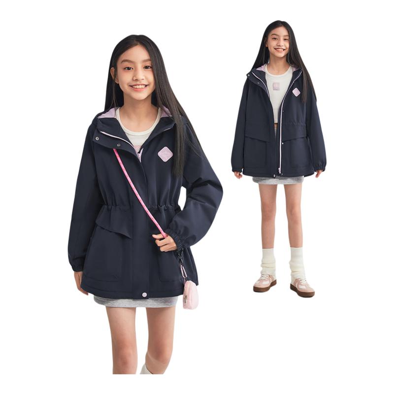 水孩儿童装女童外套三防加绒收腰春秋冬装中大童宝宝儿童厚防风衣