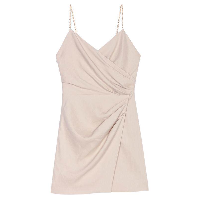 Maje春夏女装法式气质亚麻混纺米黄色V领气质金色链条吊带连衣裙