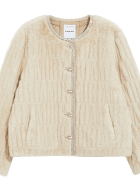 【爆款补单】bebe冬季系列女士圆领提花字母设计毛绒感外套402103