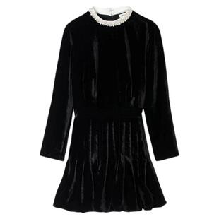 简约领口仿珍珠装 法式 饰丝绒连衣裙 末7折SANDRO2025秋冬女装 季