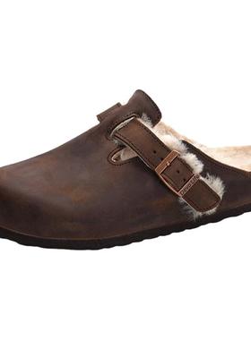 Devo/的沃软木拖鞋包头加毛加绒保暖半包半拖休闲外穿冬女鞋66001