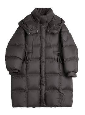 ELLE90白鸭绒黑色立领长款羽绒服女2025冬装新款小个子保暖外套