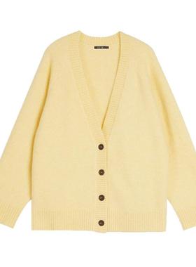 【商场同款】ELLE黄色羊驼毛V领针织开衫女2025冬季新款休闲上衣