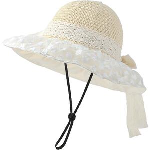 畹町海边度假草帽女夏季甜美蕾丝蝴蝶结沙滩帽大檐欧根纱遮阳帽子