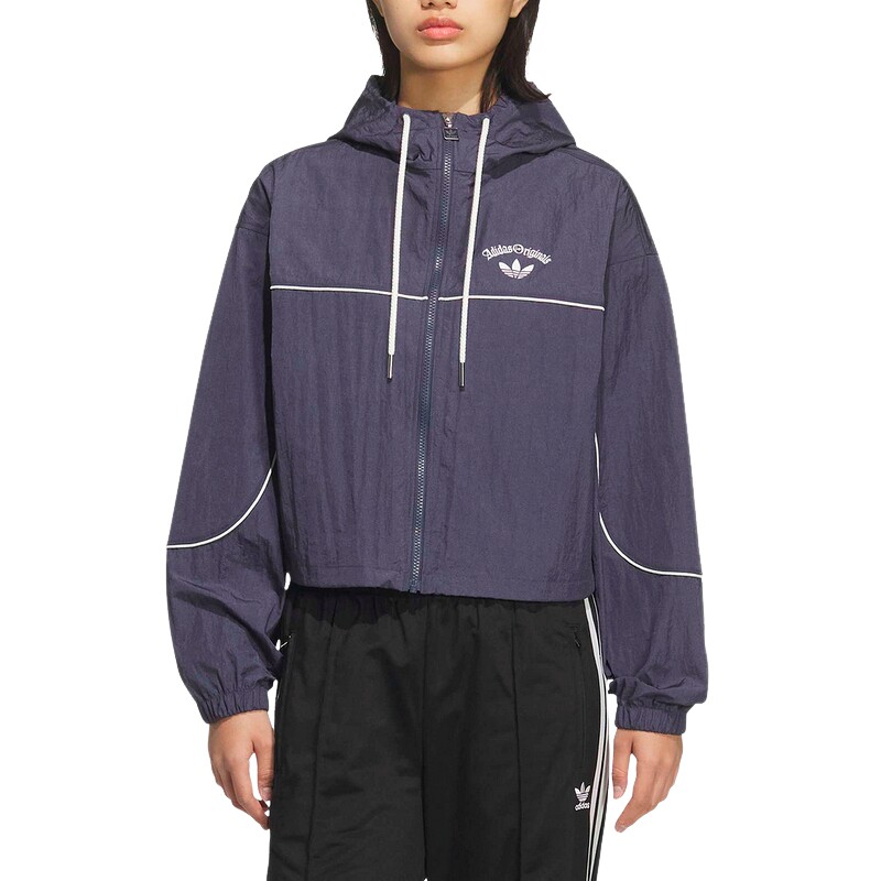 adidas阿迪达斯三叶草连帽防风外套2026夏新款女短款夹克 KT3055