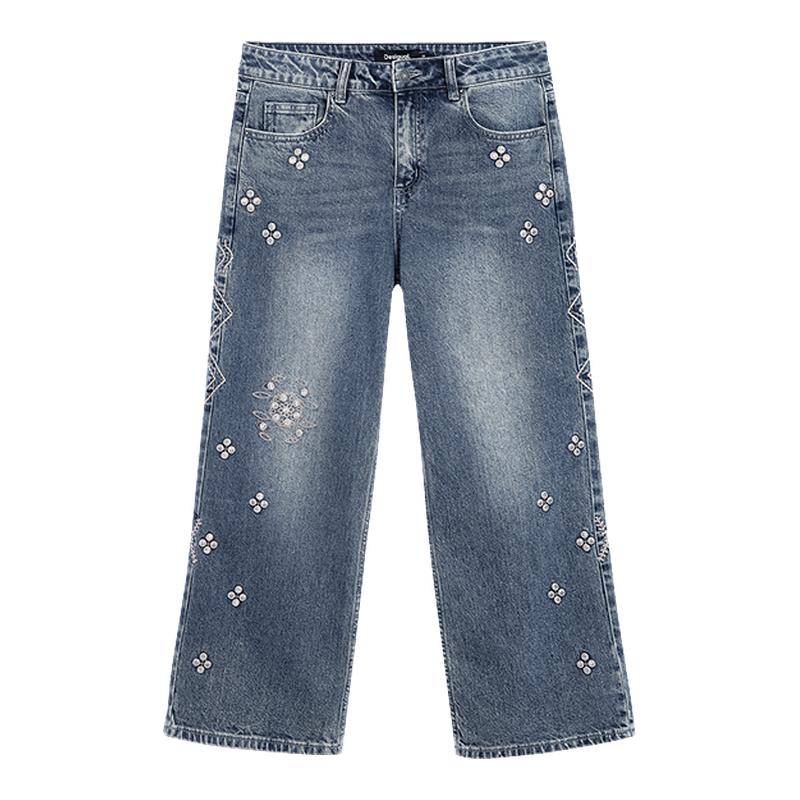 Desigual25秋冬新品银丝刺绣花卉设计直筒女士牛仔裤