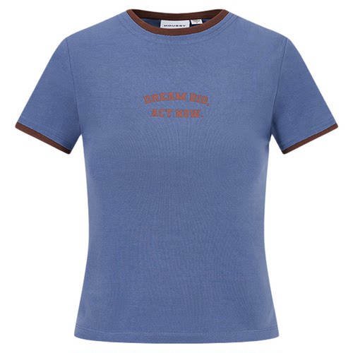 MOUSSY 夏季新品简约修身撞色印花正肩短袖T恤028ISZ90-0611