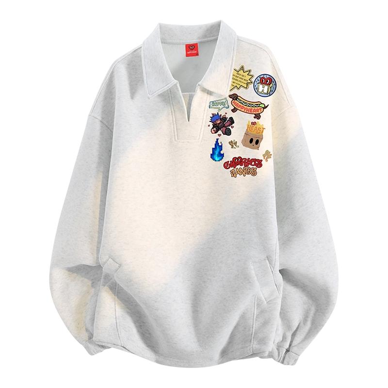 查尔斯桃心动漫印花衬衫领卫衣男