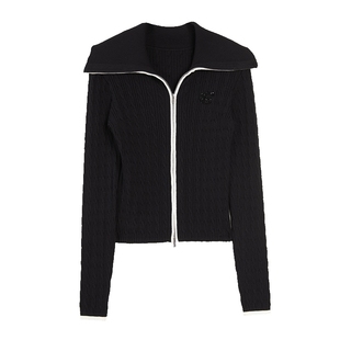 ELLE黑色绞花撞色翻领针织开衫女2025冬季新款高级感通勤修身毛衣