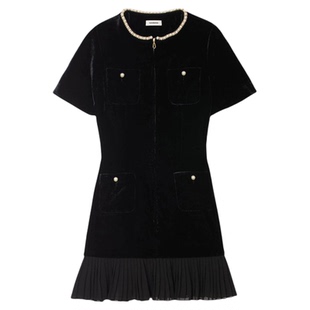 法式 女装 简约黑色仿珠饰领拼接裙摆连衣裙 末6折SANDRO2025秋季 季