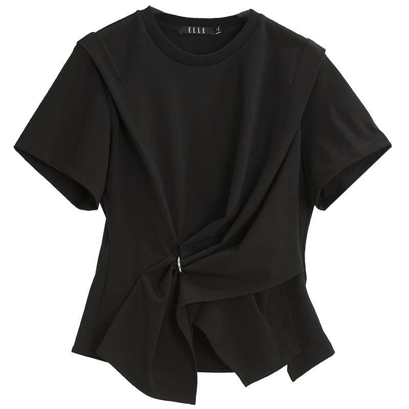 ELLE黑色复古设计感圆领开叉T恤女2025夏季新款宽松显瘦休闲