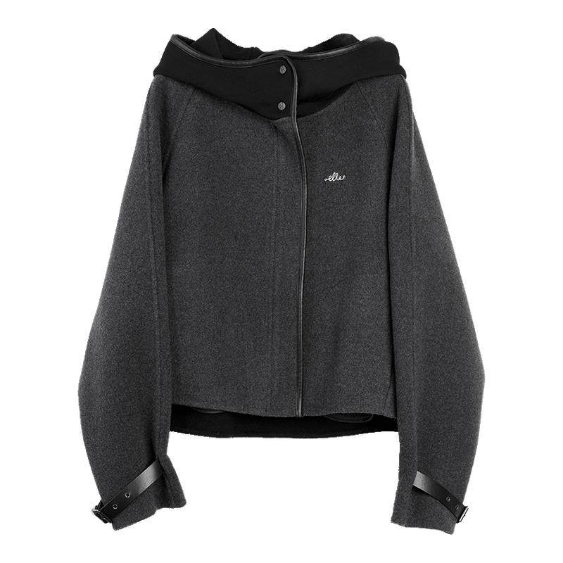 ELLE高级感连帽羊绒双面呢大衣女2025冬季新款宽松气质毛呢短