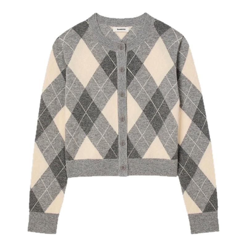 SANDRO绵羊毛格纹针织开衫