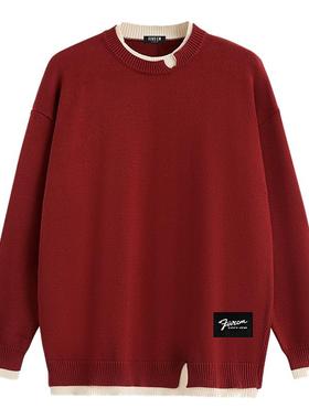 it :5cm/FIVECM春季男士长袖红色毛衣圆领假两件毛线衣打底针织衫