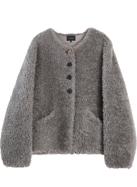 【100%绵羊毛】ELLE法式灰色毛绒短外套女2025冬通勤羊羔毛外套