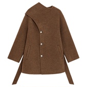 bebe2025秋冬新款 女士含羊毛围裹式 围巾领焦糖色毛呢大衣472205