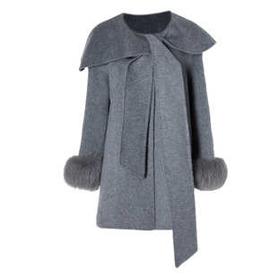 DPLAY100羊毛灰色毛呢外套女狐狸毛高级冬季新款双面呢子大衣