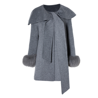 DPLAY100羊毛灰色毛呢外套女狐狸毛高级冬季新款双面呢子大衣