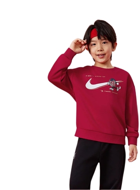 Nike 3brand耐克儿童装加绒红色卫衣冬季新款男女童保暖运动上衣