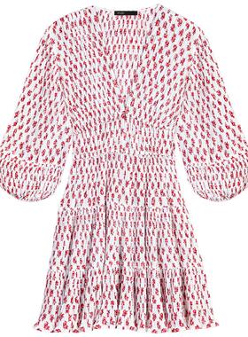 新品首降|Maje2026夏季新款女装印花V领灯笼袖百褶短款度假连衣裙