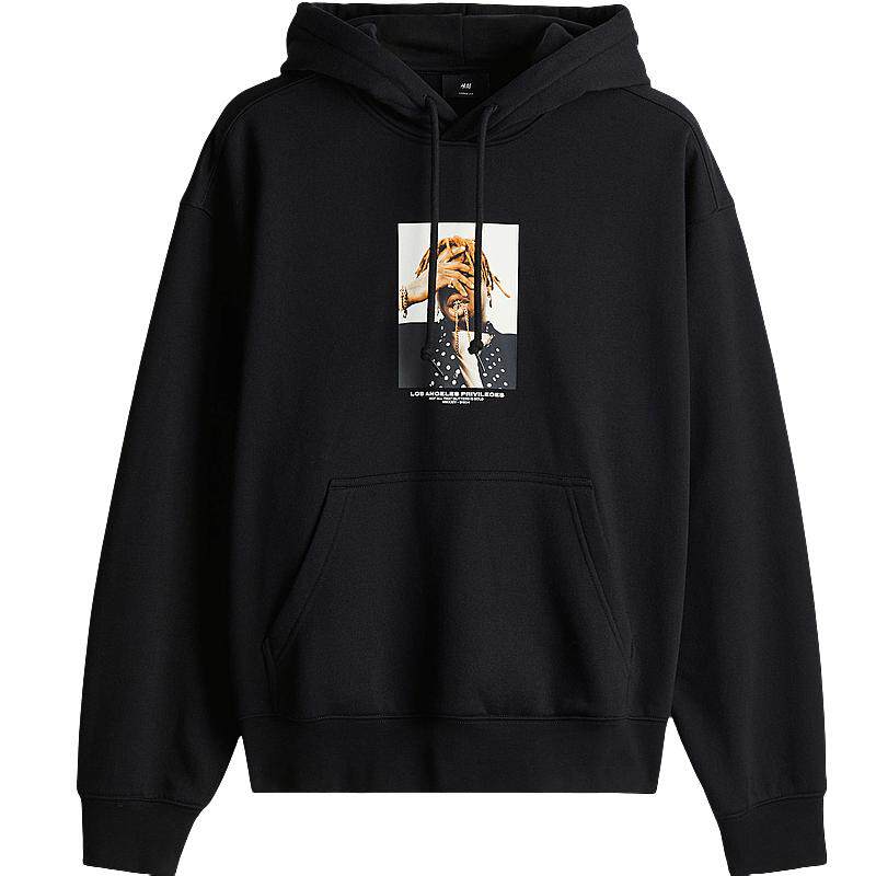 HM男装女装卫衣春季加绒宽松美式情侣重磅落肩长袖连帽衫12405