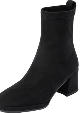 莱尔斯丹黑森林秋冬新款时尚方头真皮粗跟短筒靴子高跟女鞋64903