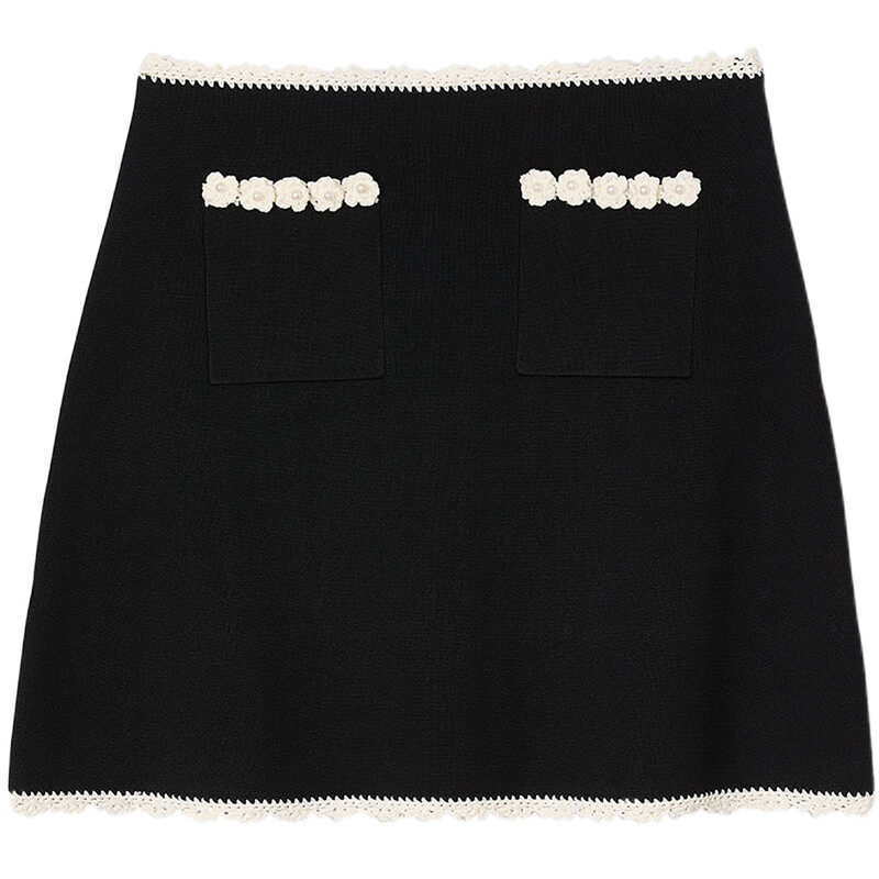 SANDRO2025秋冬女装法式黑色仿珠饰花朵口袋花边修身针织半身裙