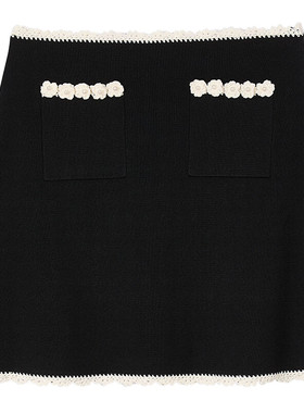 SANDRO2025秋冬女装法式黑色仿珠饰花朵口袋花边修身针织半身裙