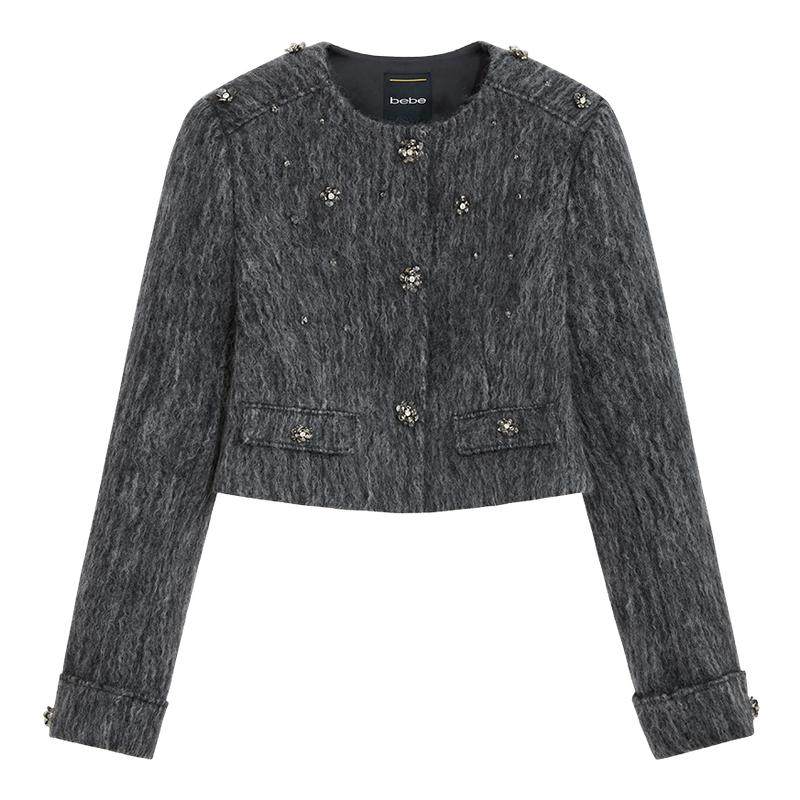 【明星同款】bebe2025秋冬女士烟灰色含羊毛格雷系外套440302,女装/女士精品,短外套,淘宝优惠券,粉丝福利购,淘宝优惠卷