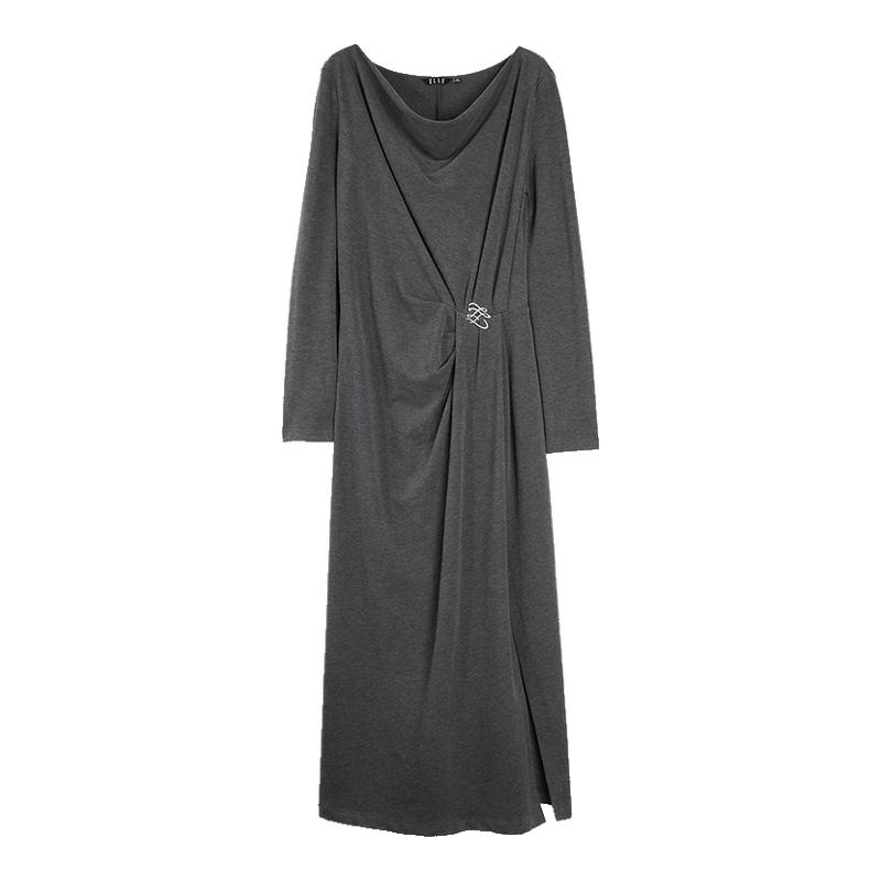 ELLE法式荡领优雅长袖连衣裙