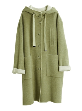 【100%绵羊毛】ELLE灰色格雷系连帽毛呢外套女2025冬新款呢子大衣